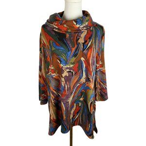 Ali Miles Cowl Neck Tunic Top Size PL 3/4 Sleeve Colorful Maximalism Artsy Swirl